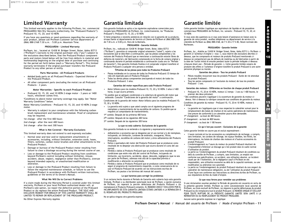 Limited warranty, Garantía limitada, Garantie limitée | ProTeam ProGuard 20 User Manual | Page 13 / 48