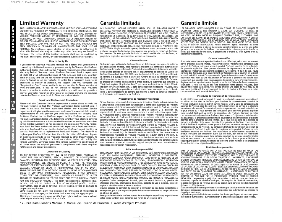 Limited warranty, Garantía limitada, Garantie limitée | ProTeam ProGuard 20 User Manual | Page 14 / 48