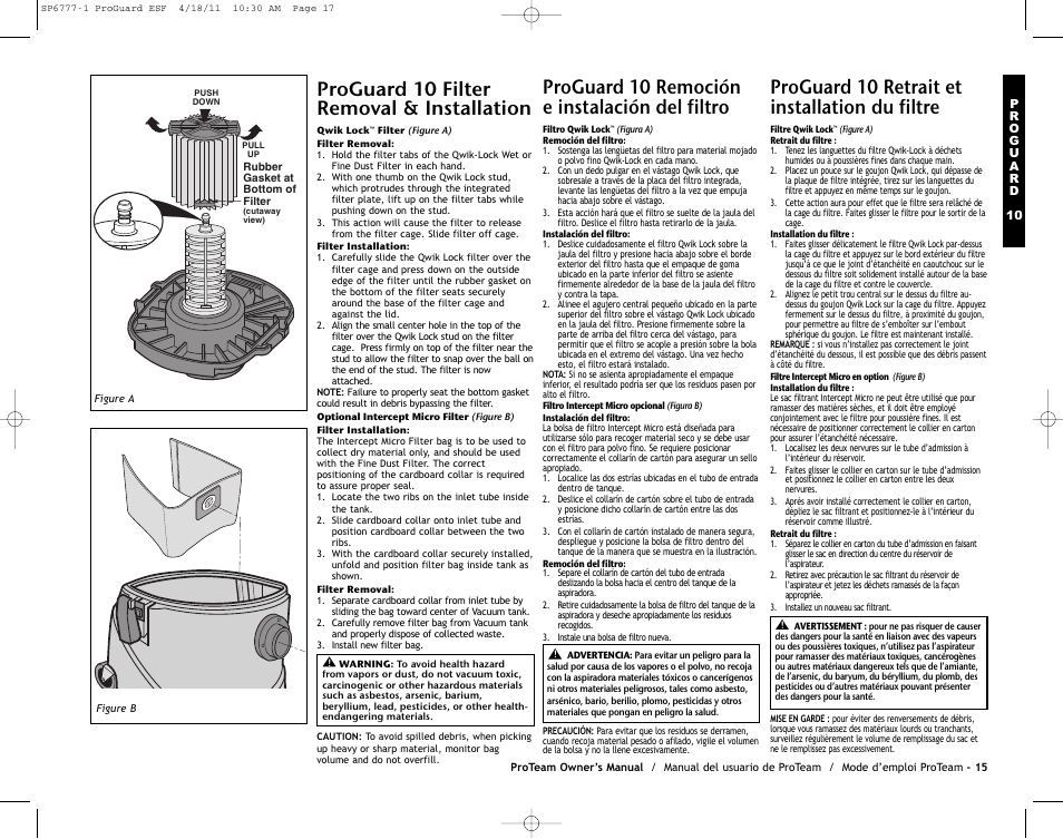 Proguard 10 filter removal & installation, Proguard 10 remoción e instalación del filtro, Proguard 10 retrait et installation du filtre | ProTeam ProGuard 20 User Manual | Page 17 / 48