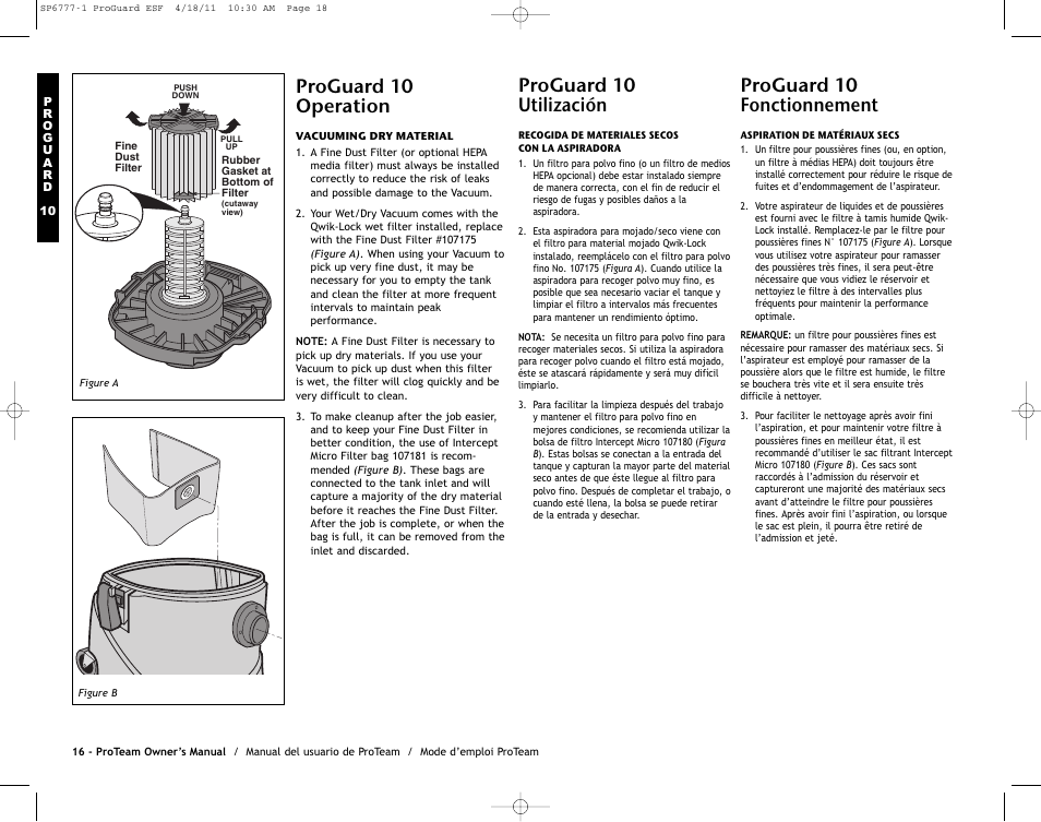Proguard 10 operation, Proguard 10 utilización, Proguard 10 fonctionnement | ProTeam ProGuard 20 User Manual | Page 18 / 48