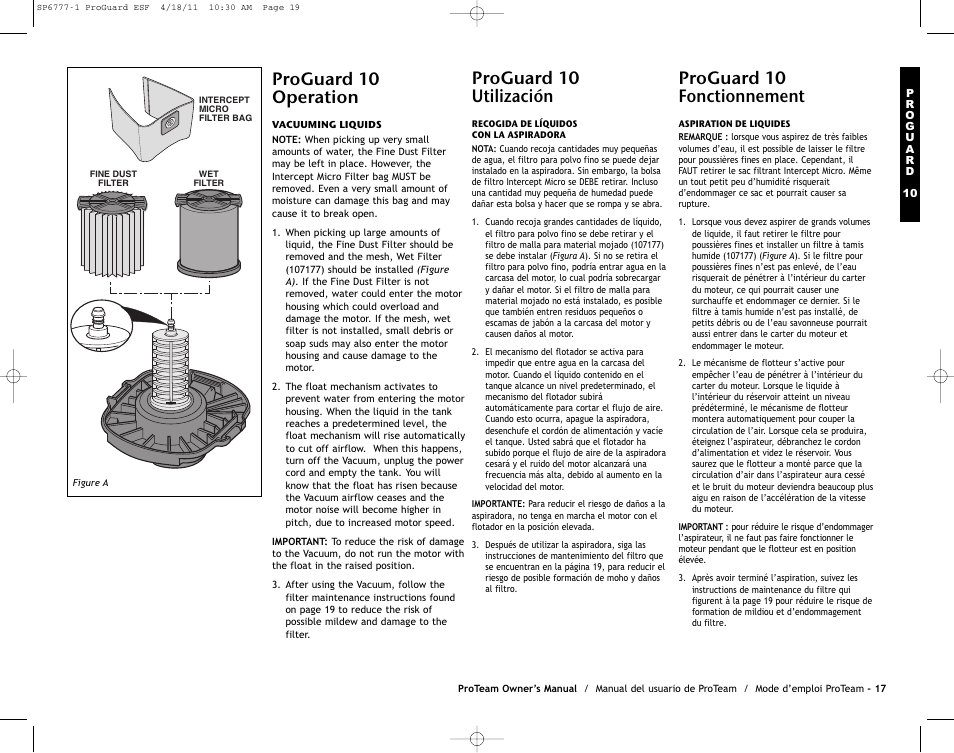 Proguard 10 operation, Proguard 10 utilización, Proguard 10 fonctionnement | ProTeam ProGuard 20 User Manual | Page 19 / 48