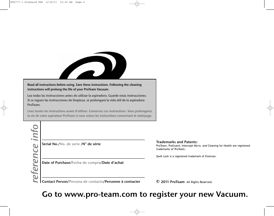 Ref er ence inf o | ProTeam ProGuard 20 User Manual | Page 2 / 48