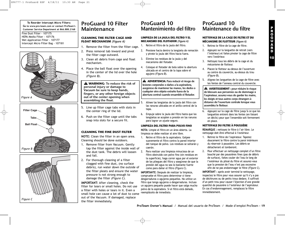 Proguard 10 filter maintenance, Proguard 10 mantenimiento del filtro, Proguard 10 maintenance du filtre | ProTeam ProGuard 20 User Manual | Page 21 / 48