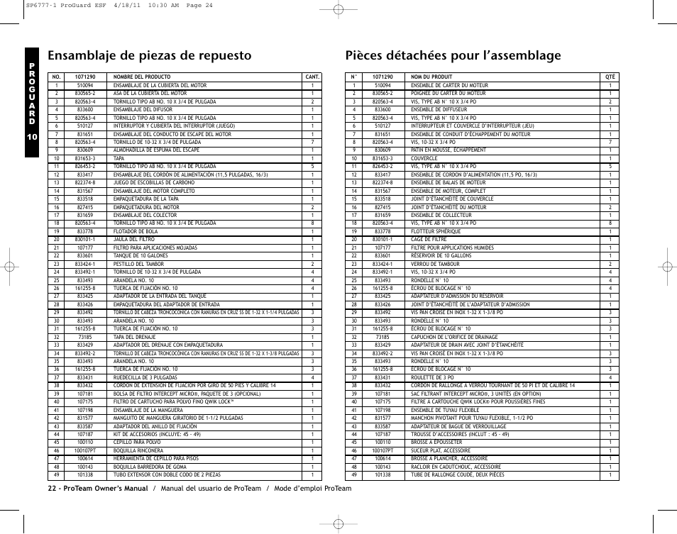 Ensamblaje de piezas de repuesto, Pièces détachées pour l’assemblage | ProTeam ProGuard 20 User Manual | Page 24 / 48
