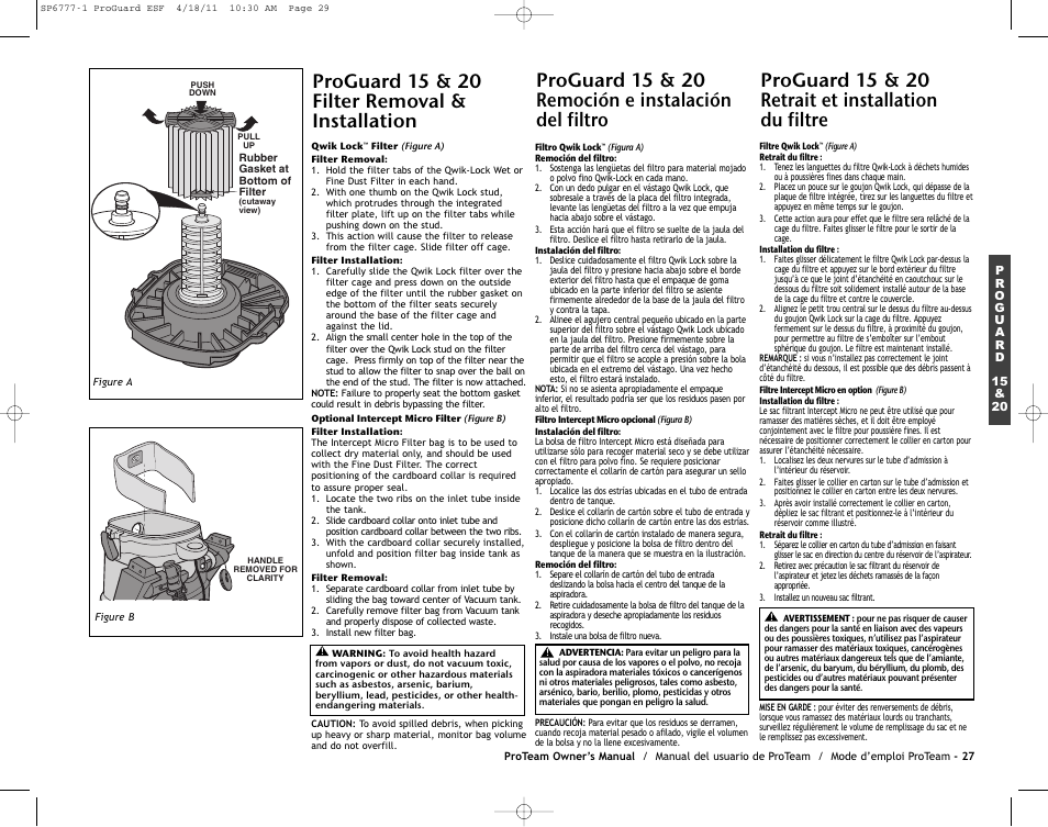 Proguard 15 & 20 filter removal & installation, Proguard 15 & 20 remoción e instalación del filtro, Proguard 15 & 20 retrait et installation du filtre | ProTeam ProGuard 20 User Manual | Page 29 / 48