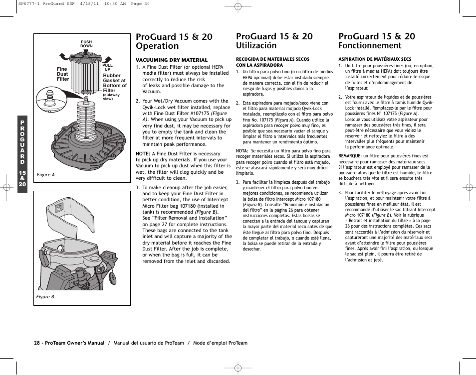 Proguard 15 & 20 operation, Proguard 15 & 20 utilización, Proguard 15 & 20 fonctionnement | ProTeam ProGuard 20 User Manual | Page 30 / 48
