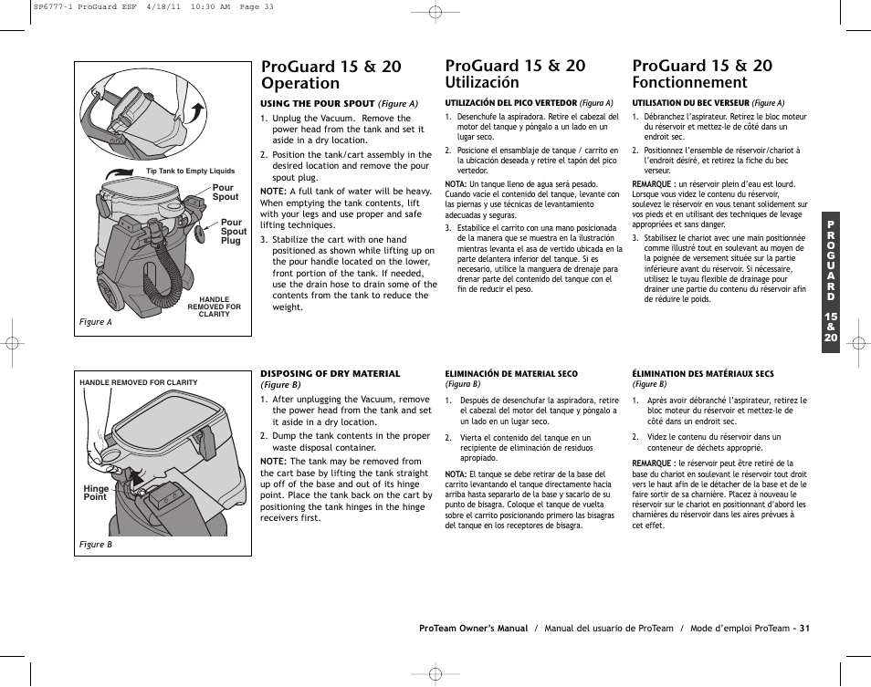 Proguard 15 & 20 operation, Proguard 15 & 20 fonctionnement, Proguard 15 & 20 utilización | ProTeam ProGuard 20 User Manual | Page 33 / 48