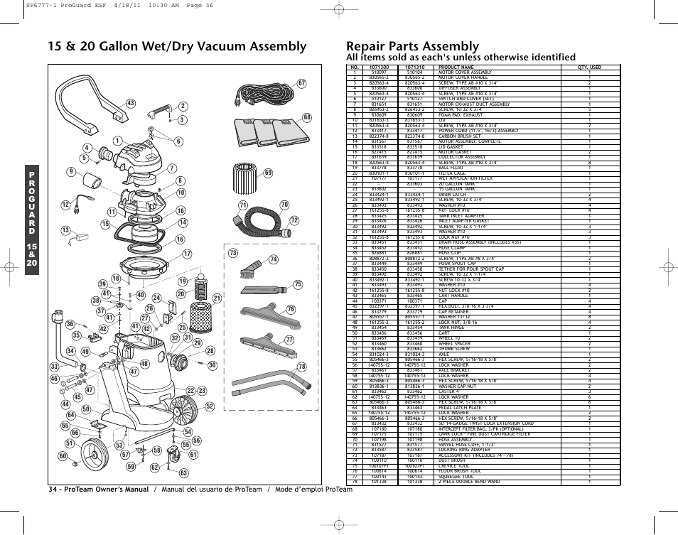 15 & 20 gallon wet/dry vacuum assembly, Repair parts assembly | ProTeam ProGuard 20 User Manual | Page 36 / 48