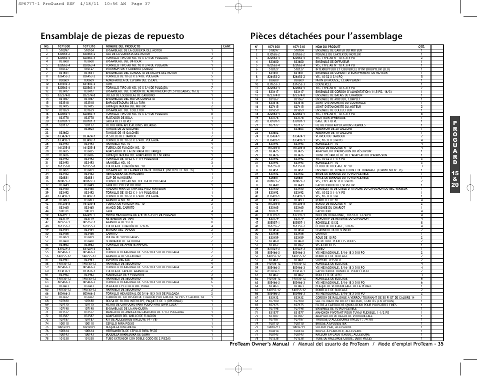 Pièces détachées pour l’assemblage, Ensamblaje de piezas de repuesto | ProTeam ProGuard 20 User Manual | Page 37 / 48