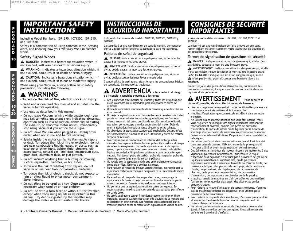 Important safety instructions, Warning, Advertencia | Avertissement | ProTeam ProGuard 20 User Manual | Page 4 / 48