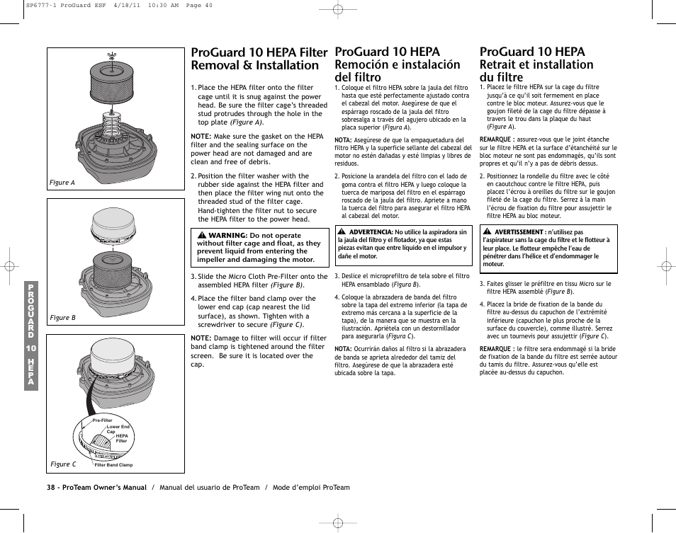 Proguard 10 hepa filter removal & installation, Proguard 10 hepa remoción e instalación del filtro, Proguard 10 hepa retrait et installation du filtre | ProTeam ProGuard 20 User Manual | Page 40 / 48
