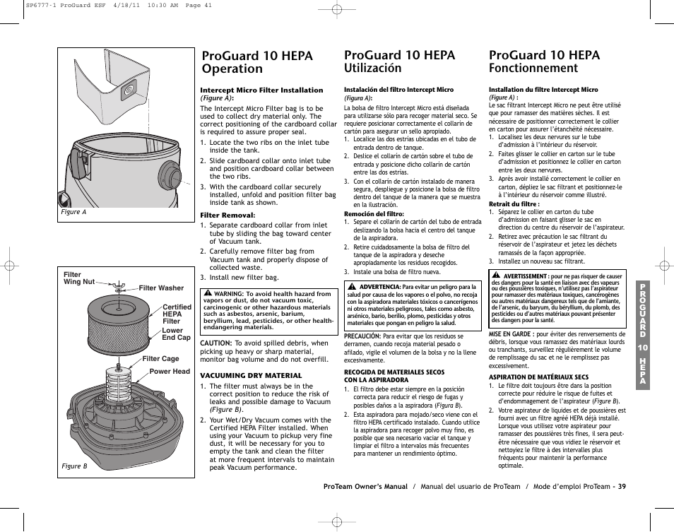 Proguard 10 hepa operation, Proguard 10 hepa fonctionnement, Proguard 10 hepa utilización | ProTeam ProGuard 20 User Manual | Page 41 / 48