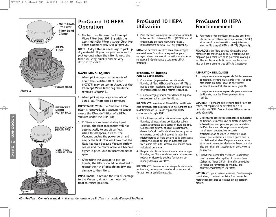 Proguard 10 hepa operation, Proguard 10 hepa fonctionnement, Proguard 10 hepa utilización | ProTeam ProGuard 20 User Manual | Page 42 / 48