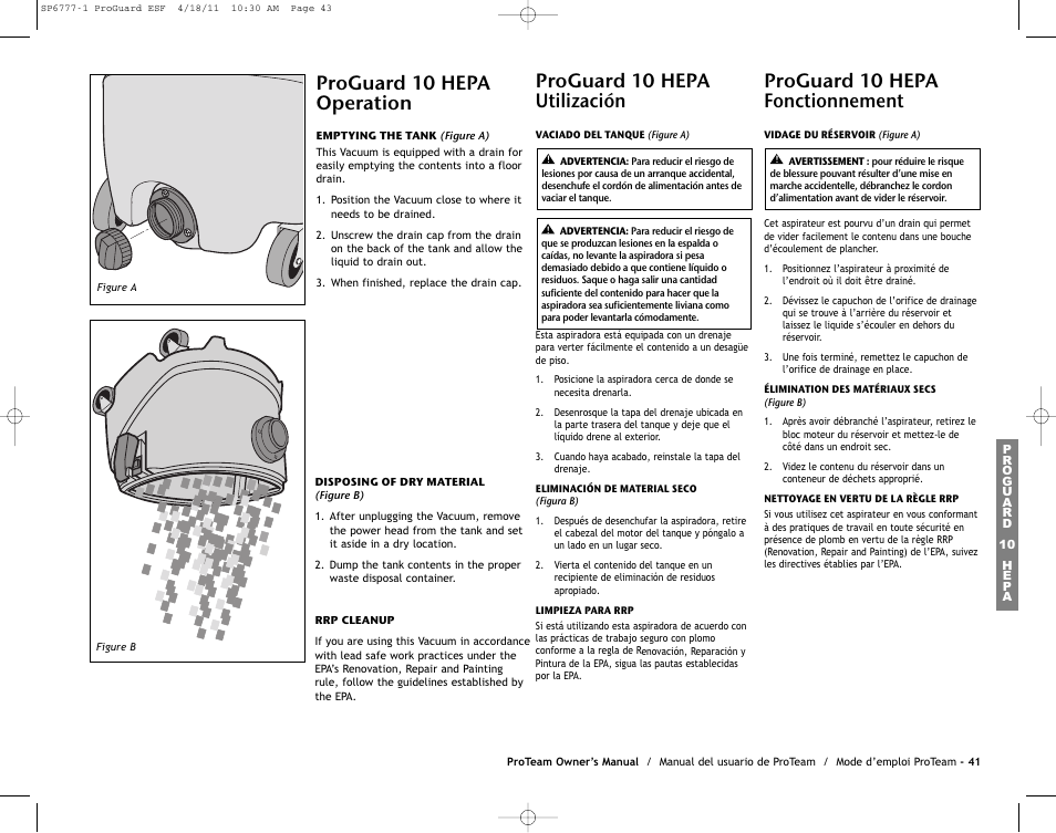 Proguard 10 hepa operation, Proguard 10 hepa utilización, Proguard 10 hepa fonctionnement | ProTeam ProGuard 20 User Manual | Page 43 / 48