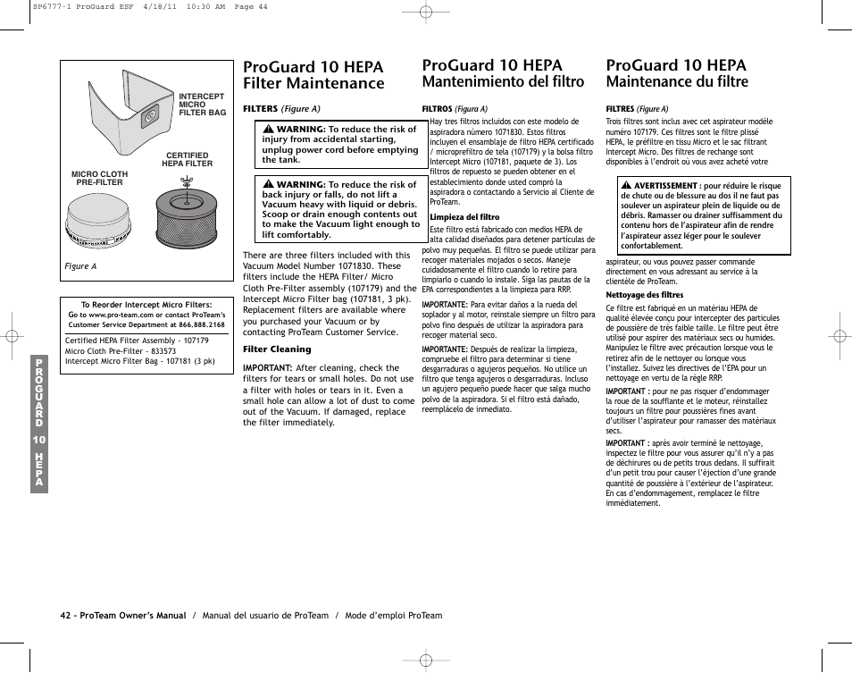 Proguard 10 hepa filter maintenance, Proguard 10 hepa mantenimiento del filtro, Proguard 10 hepa maintenance du filtre | ProTeam ProGuard 20 User Manual | Page 44 / 48