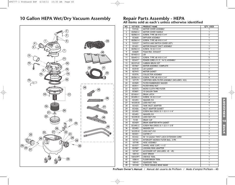 10 gallon hepa wet/dry vacuum assembly, Repair parts assembly - hepa | ProTeam ProGuard 20 User Manual | Page 45 / 48