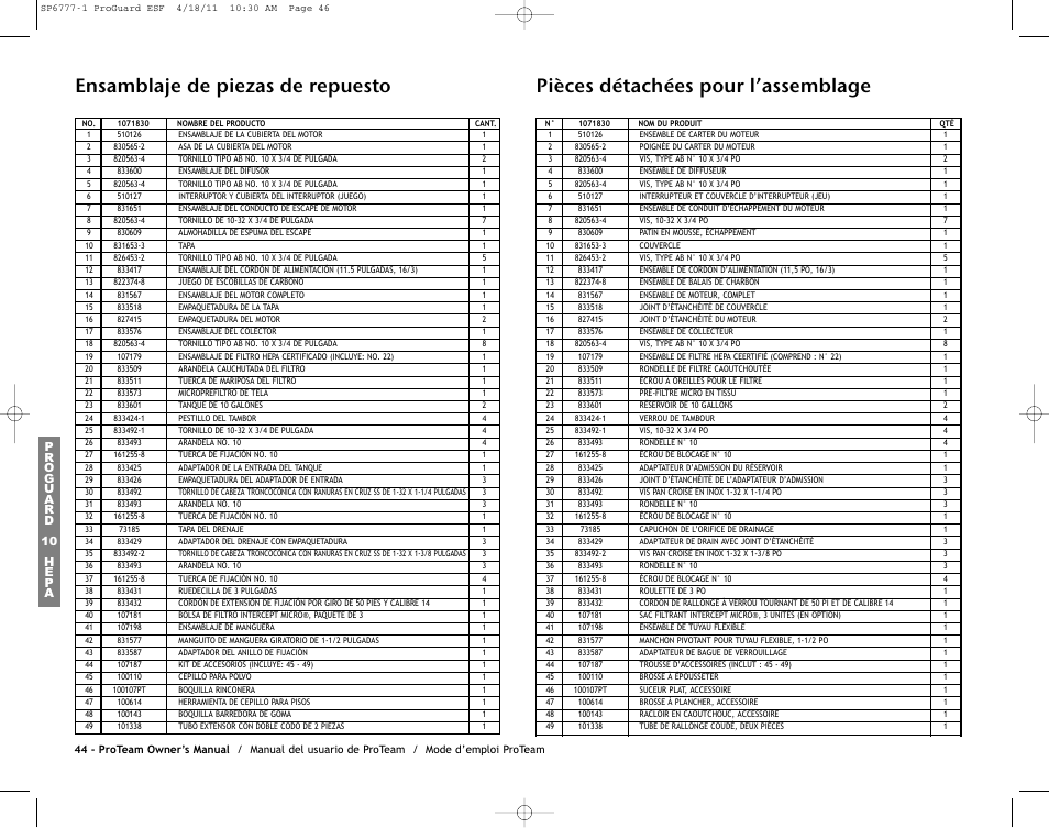 Ensamblaje de piezas de repuesto, Pièces détachées pour l’assemblage | ProTeam ProGuard 20 User Manual | Page 46 / 48