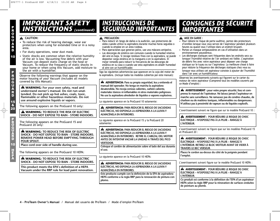 Important safety instructions | ProTeam ProGuard 20 User Manual | Page 6 / 48