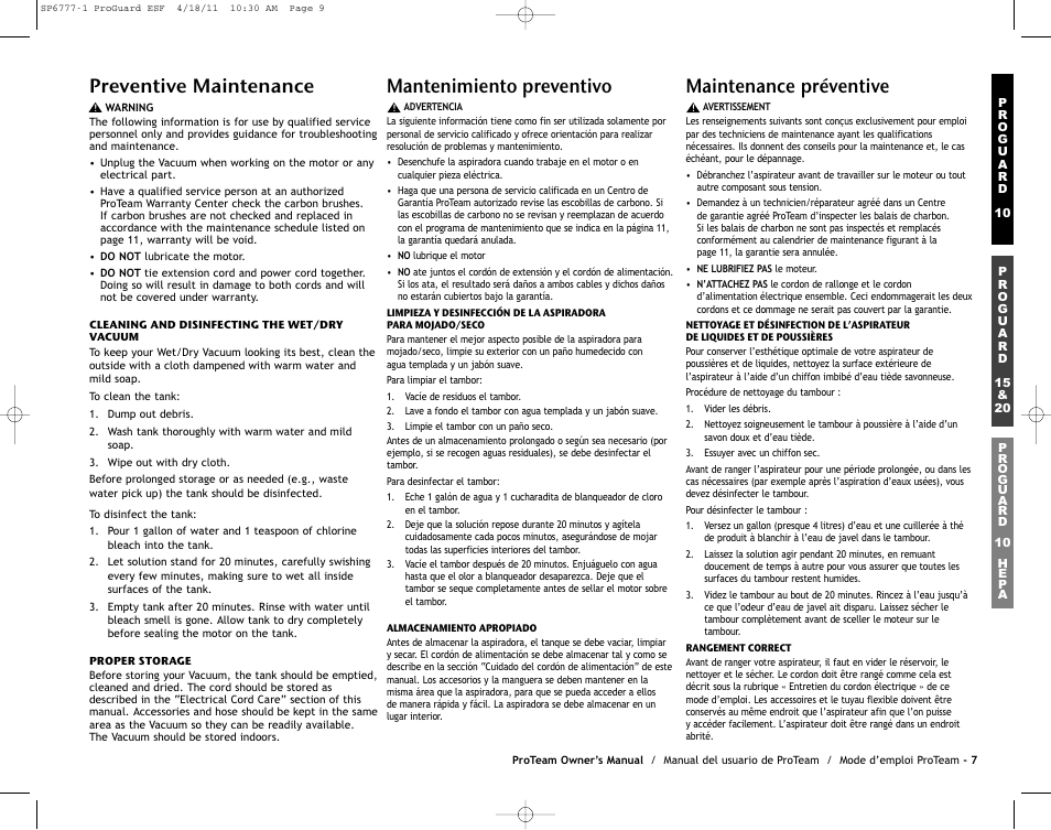 Preventive maintenance, Mantenimiento preventivo, Maintenance préventive | ProTeam ProGuard 20 User Manual | Page 9 / 48
