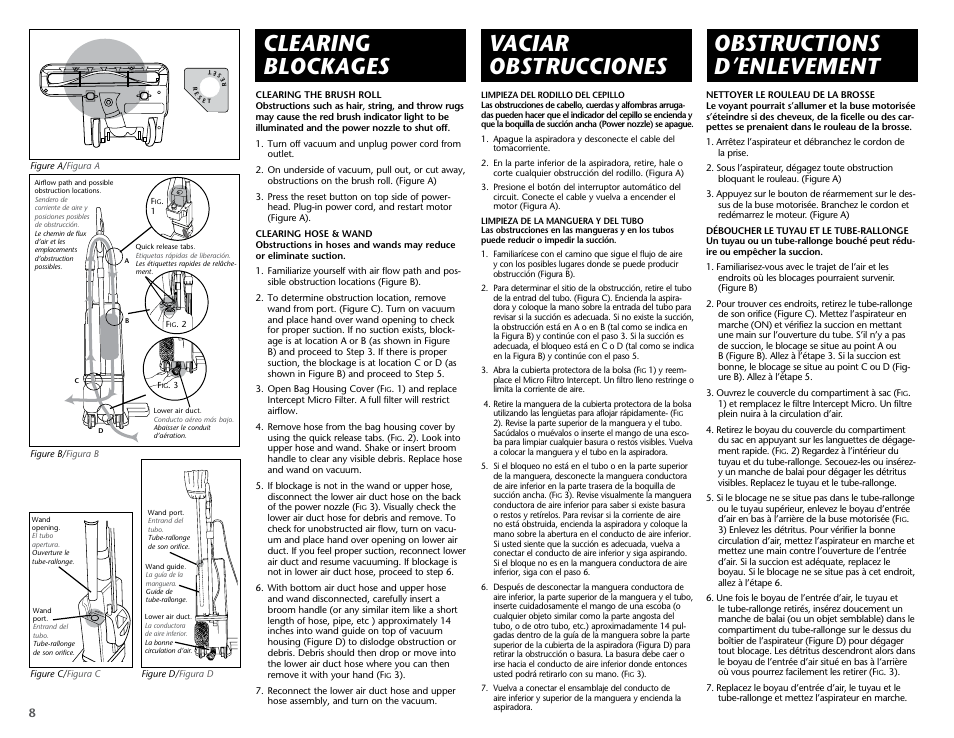 Clearing blockages, Vaciar obstrucciones, Obstructions d’enlevement | ProTeam ProForce 1200XP HEPA User Manual | Page 10 / 20