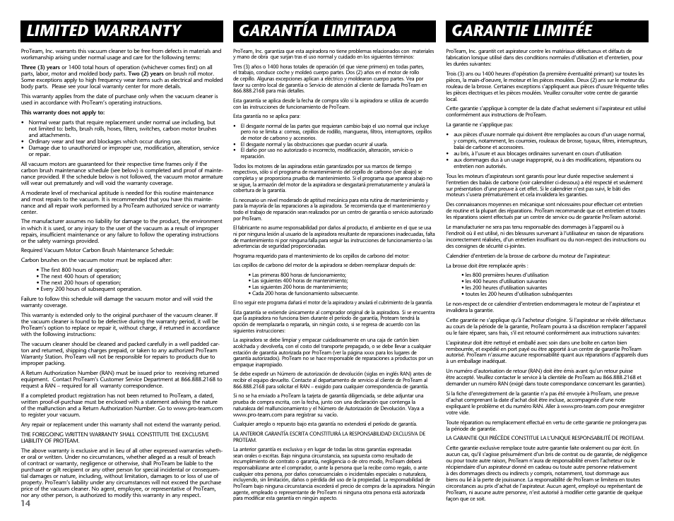 Limited warranty, Garantía limitada, Garantie limitée | ProTeam ProForce 1200XP HEPA User Manual | Page 16 / 20