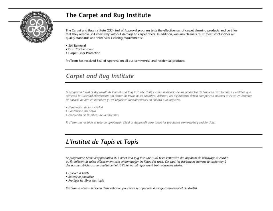 The carpet and rug institute, Carpet and rug institute, L’institut de tapis et tapis | ProTeam ProForce 1200XP HEPA User Manual | Page 19 / 20
