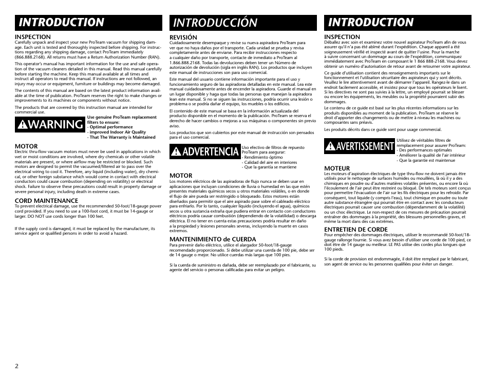 Introduction, Introducción, Warning | Avertissement | ProTeam ProForce 1200XP HEPA User Manual | Page 4 / 20