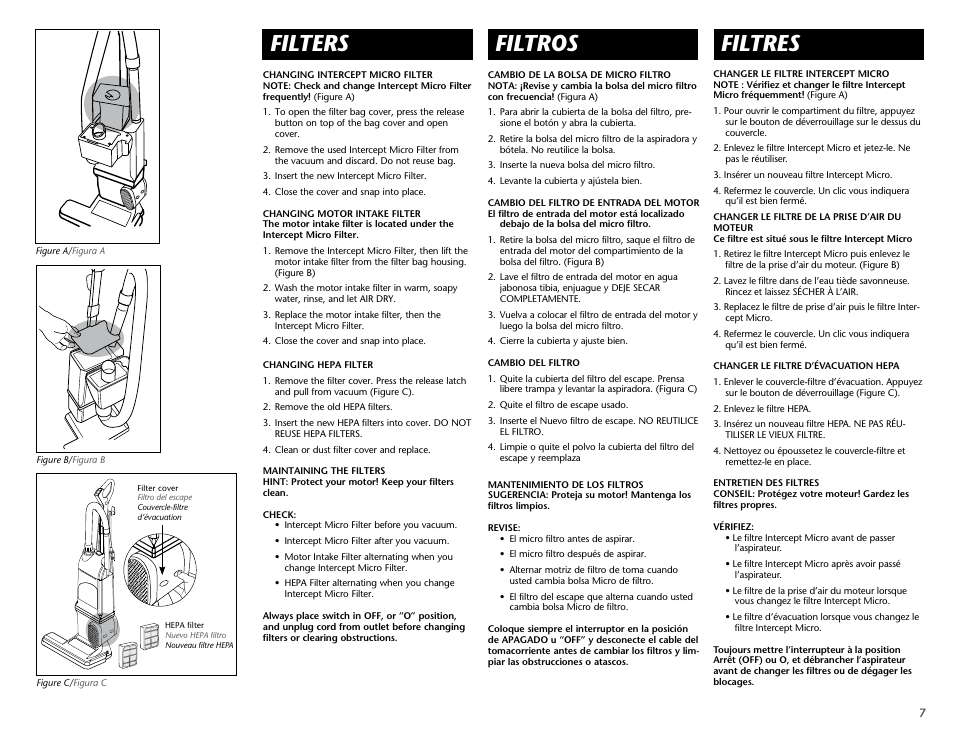 Filters, Filtros, Filtres | ProTeam ProForce 1200XP HEPA User Manual | Page 9 / 20