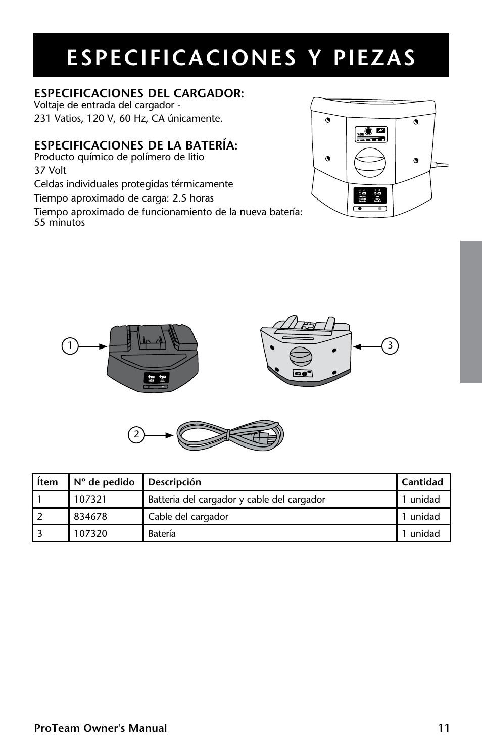 Especificaciones y piezas | ProTeam GoFree Pro Battery User Manual | Page 13 / 28