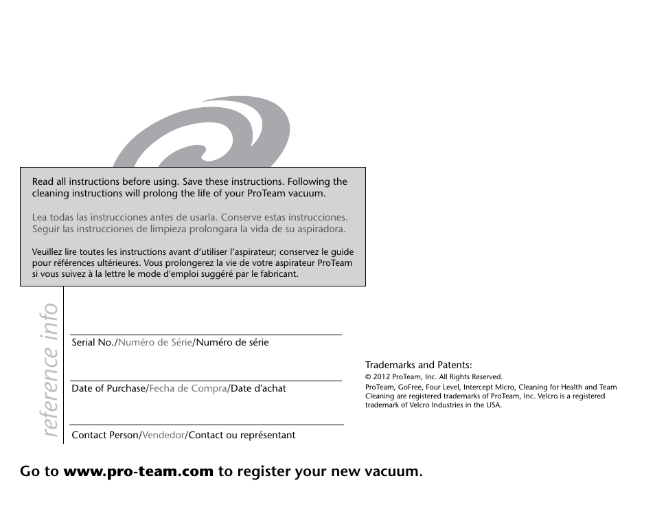 Reference info | ProTeam GoFree Pro User Manual | Page 2 / 13