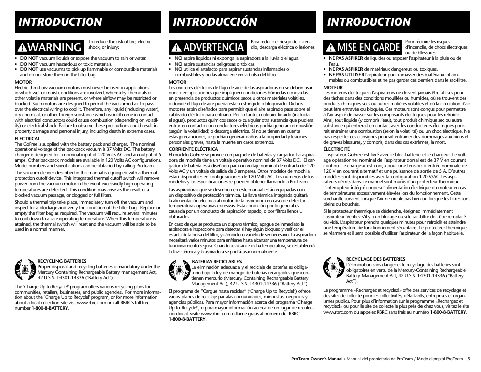 Introducción introduction introduction, Warning advertencia mise en garde | ProTeam GoFree Pro User Manual | Page 7 / 13
