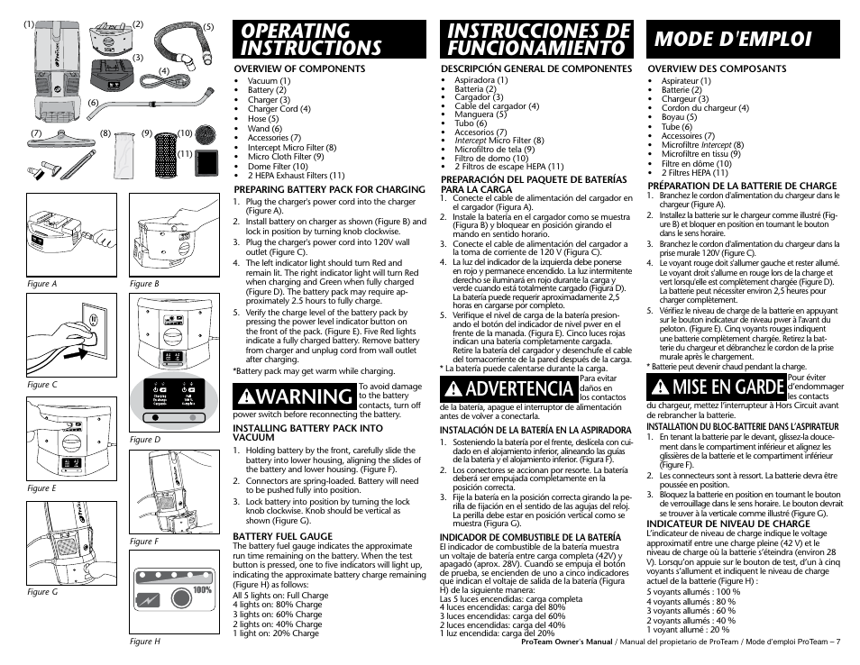 Advertencia mise en garde, Warning, Charging en charge cargando full 100% completo | ProTeam GoFree Pro User Manual | Page 9 / 13