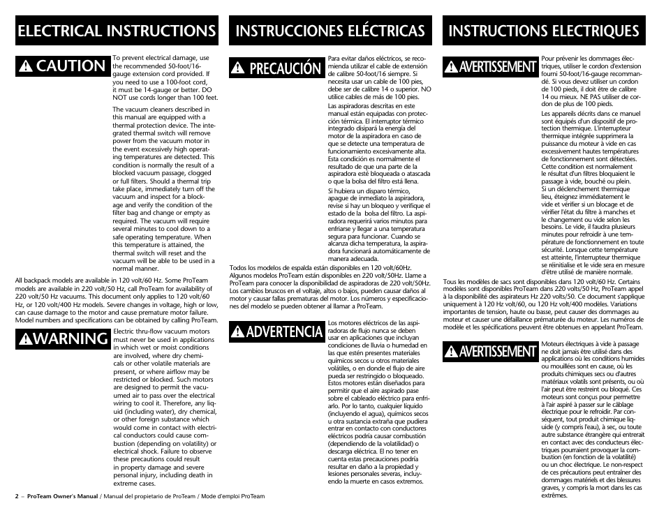 Electrical instructions, Warning caution instrucciones eléctricas, Instructions electriques | Avertissement | ProTeam Sierra User Manual | Page 4 / 24