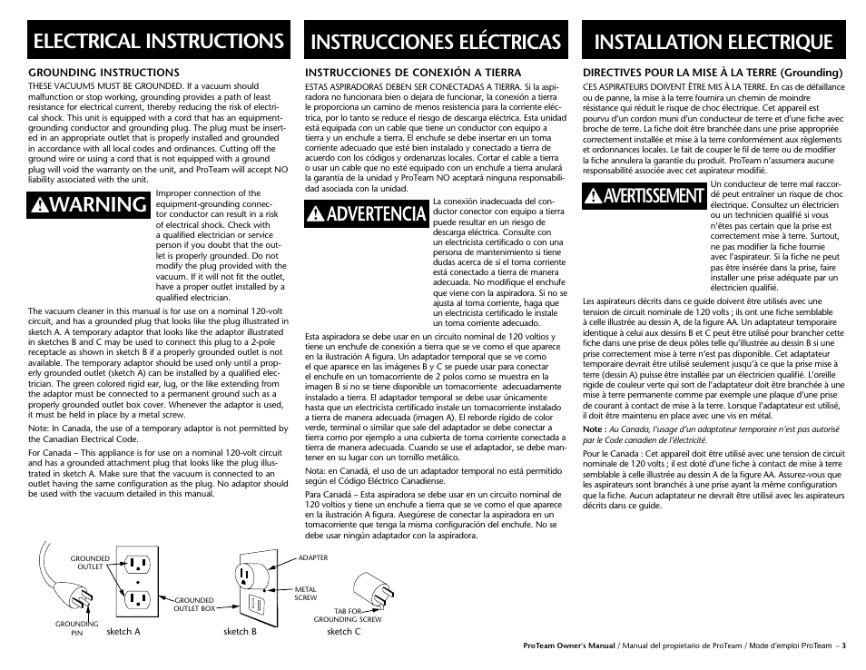 Instrucciones eléctricas, Electrical instructions, Warning installation electrique | Avertissement | ProTeam Sierra User Manual | Page 5 / 24