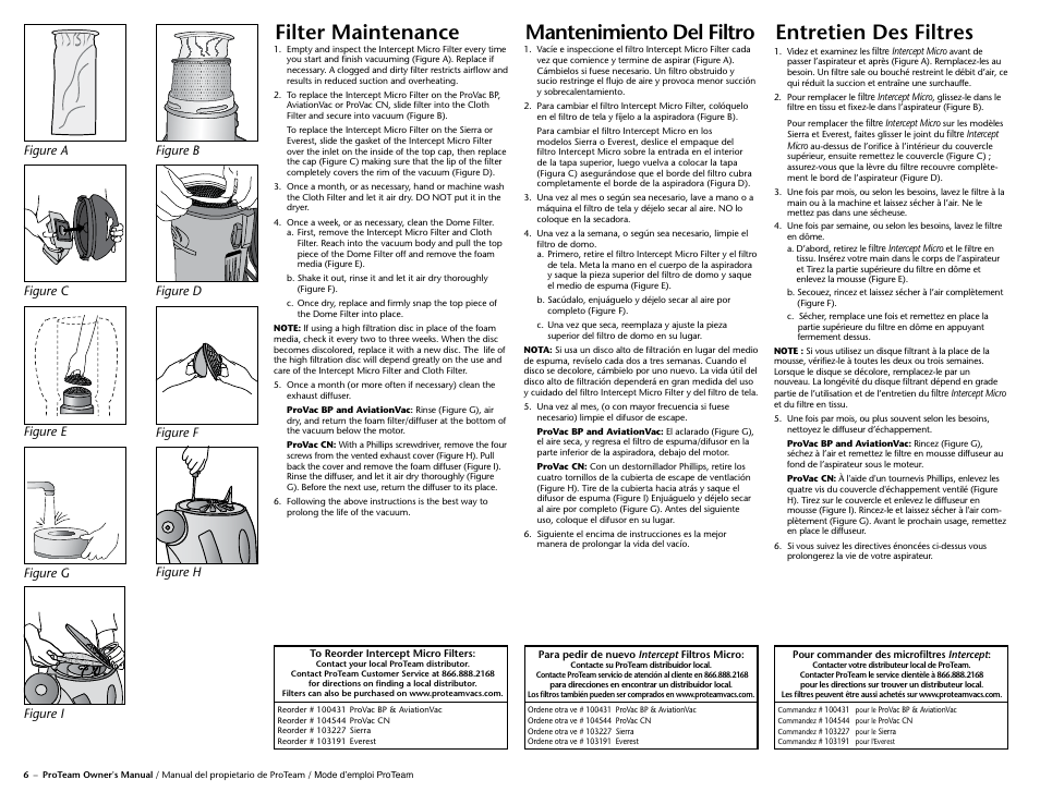 Filter maintenance, Mantenimiento del filtro, Entretien des filtres | Figure a | ProTeam Sierra User Manual | Page 8 / 24