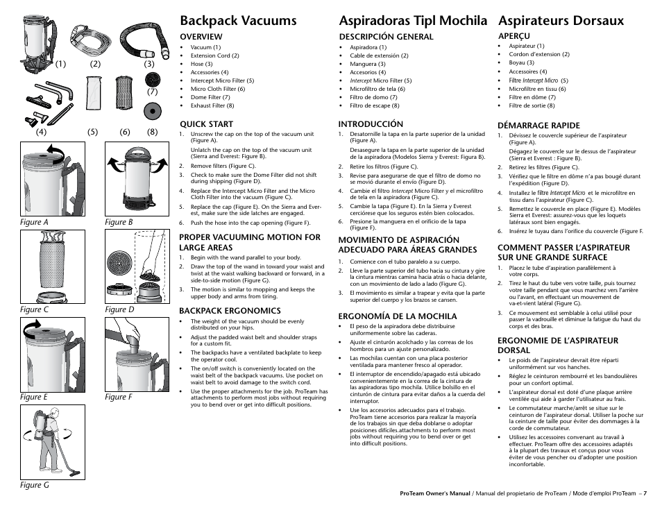 Backpack vacuums, Aspiradoras tipl mochila, Aspirateurs dorsaux | ProTeam Sierra User Manual | Page 9 / 24