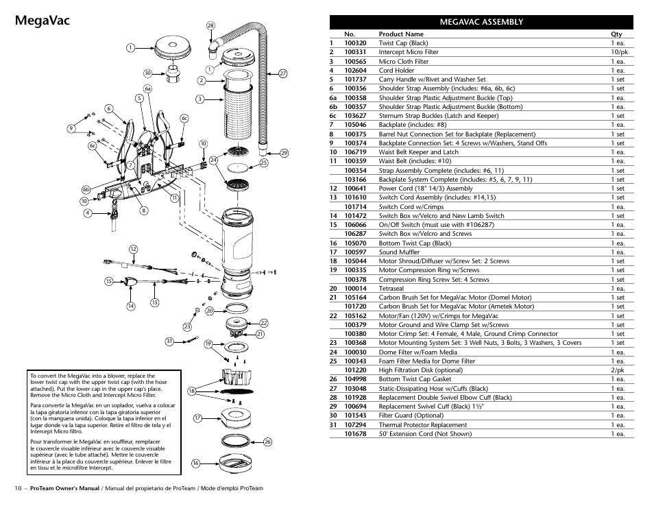 Megavac, Megavac assembly | ProTeam TailVac User Manual | Page 12 / 17