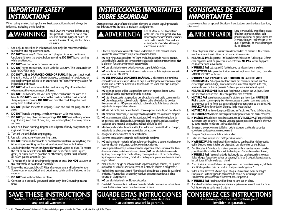 Instrucciones importantes sobre seguridad, Consignes de sécurité importantes, Important safety instructions | Warning save these instructions, Advertencia guarde estas instrucciones, Mise en garde conservez ces instructions | ProTeam TailVac User Manual | Page 4 / 17