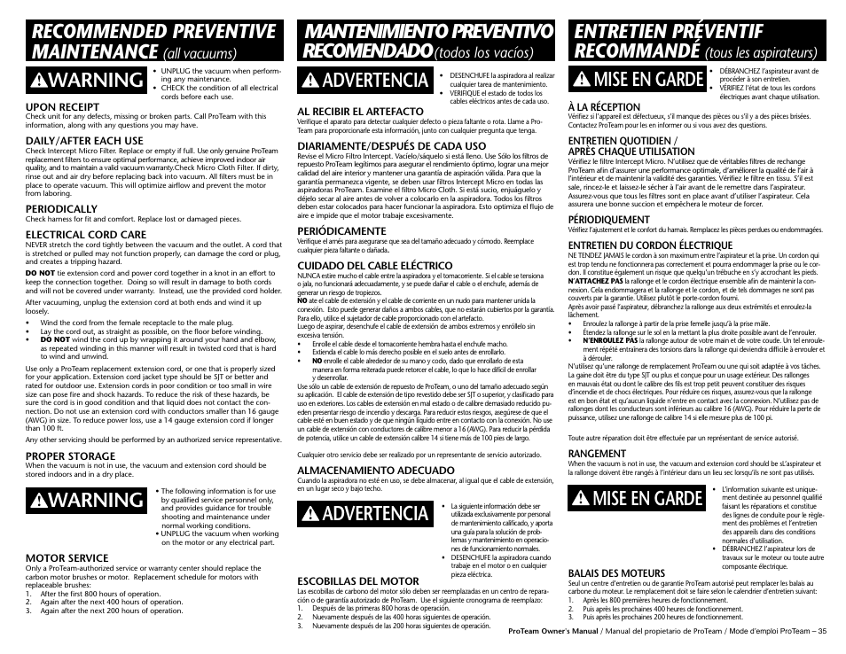 Mantenimiento preventivo recomendado, Recommended preventive maintenance, Warning | Mise en garde, Todos los vacíos), All vacuums), Tous les aspirateurs) | ProTeam Super HalfVac Pro User Manual | Page 10 / 16