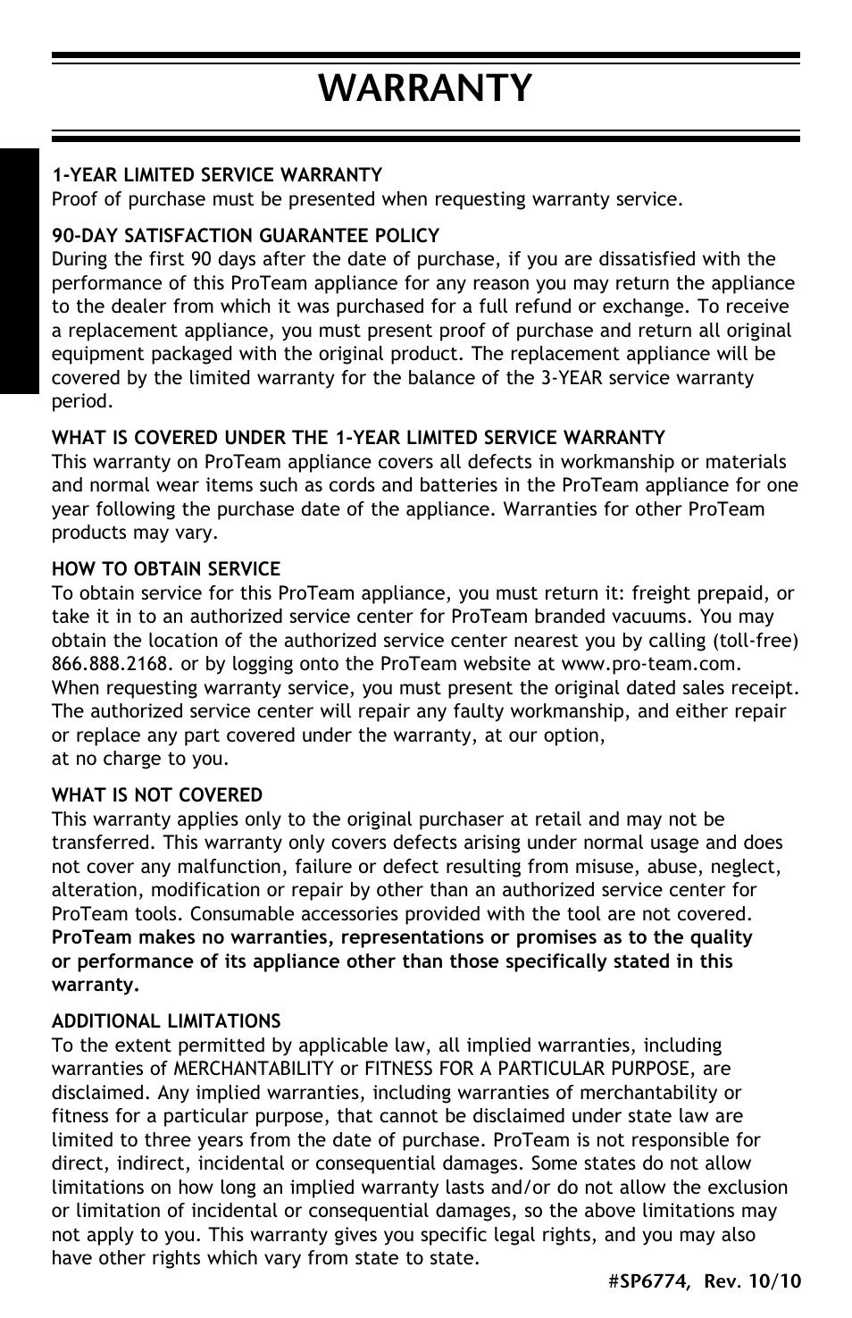 Warranty | ProTeam ProGuard LI 3 Battery Charger User Manual | Page 12 / 36