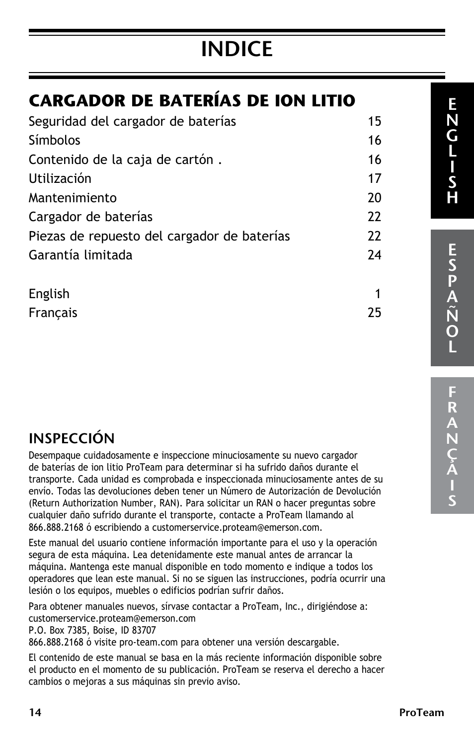 Indice, Cargador de baterías de ion litio | ProTeam ProGuard LI 3 Battery Charger User Manual | Page 14 / 36