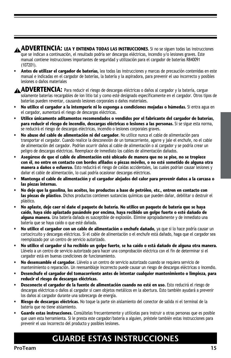 Guarde estas instrucciones, Advertencia | ProTeam ProGuard LI 3 Battery Charger User Manual | Page 15 / 36