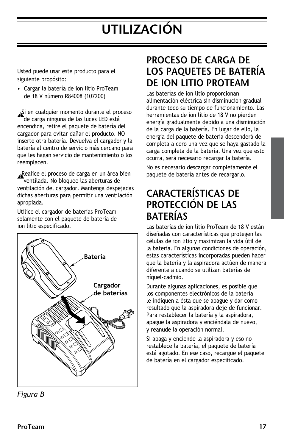 Utilización, Características de protección de las baterías | ProTeam ProGuard LI 3 Battery Charger User Manual | Page 17 / 36