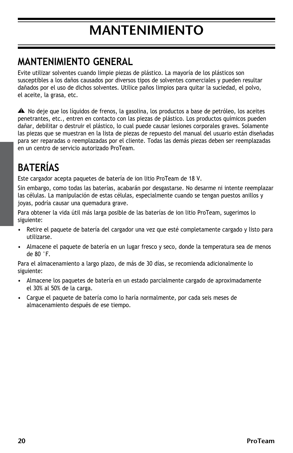 Mantenimiento, Mantenimiento general, Baterías | ProTeam ProGuard LI 3 Battery Charger User Manual | Page 20 / 36