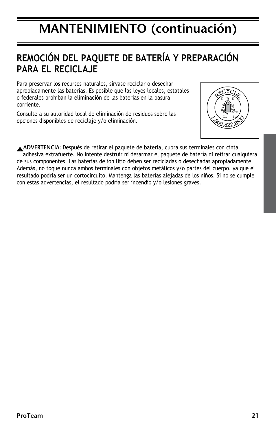 Mantenimiento (continuación) | ProTeam ProGuard LI 3 Battery Charger User Manual | Page 21 / 36