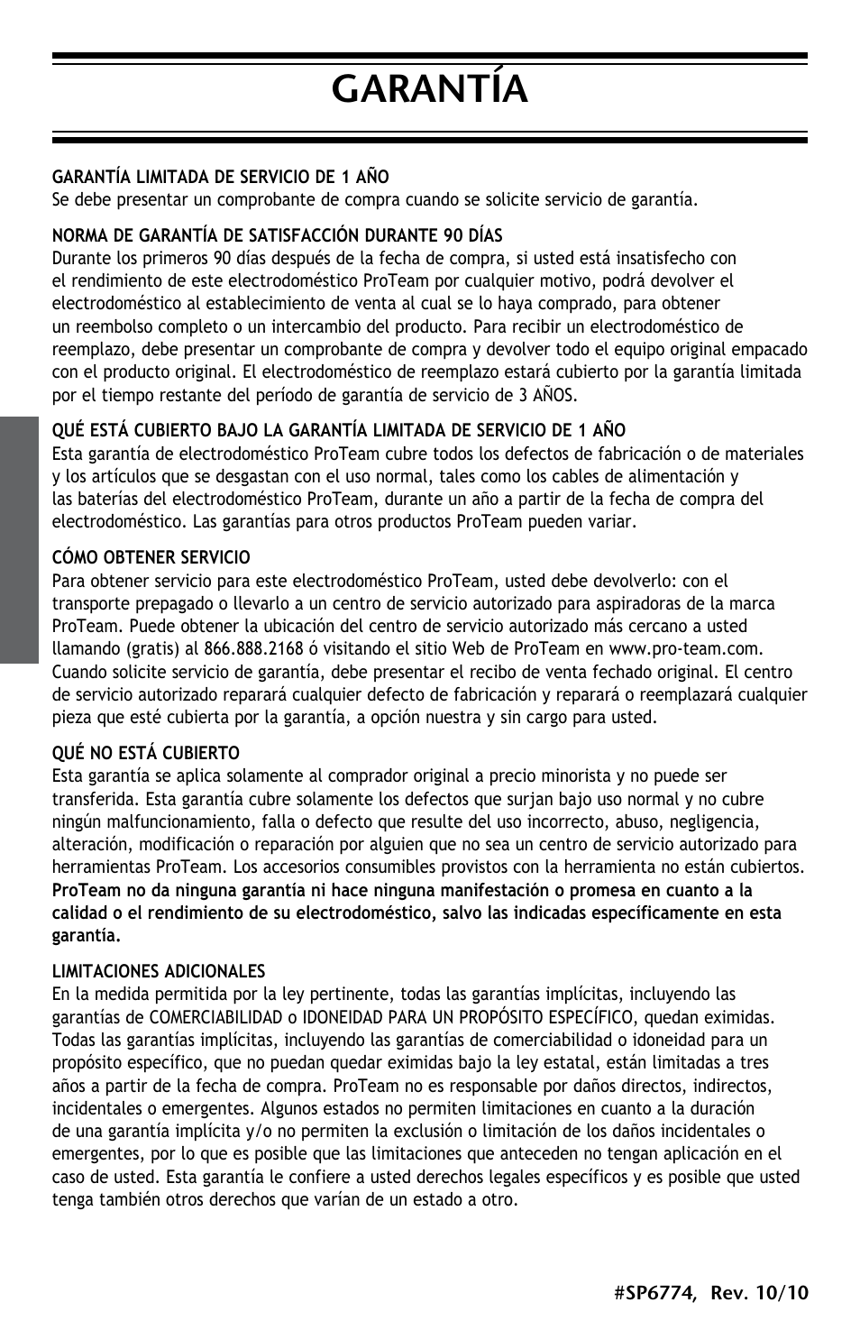 Garantía | ProTeam ProGuard LI 3 Battery Charger User Manual | Page 24 / 36