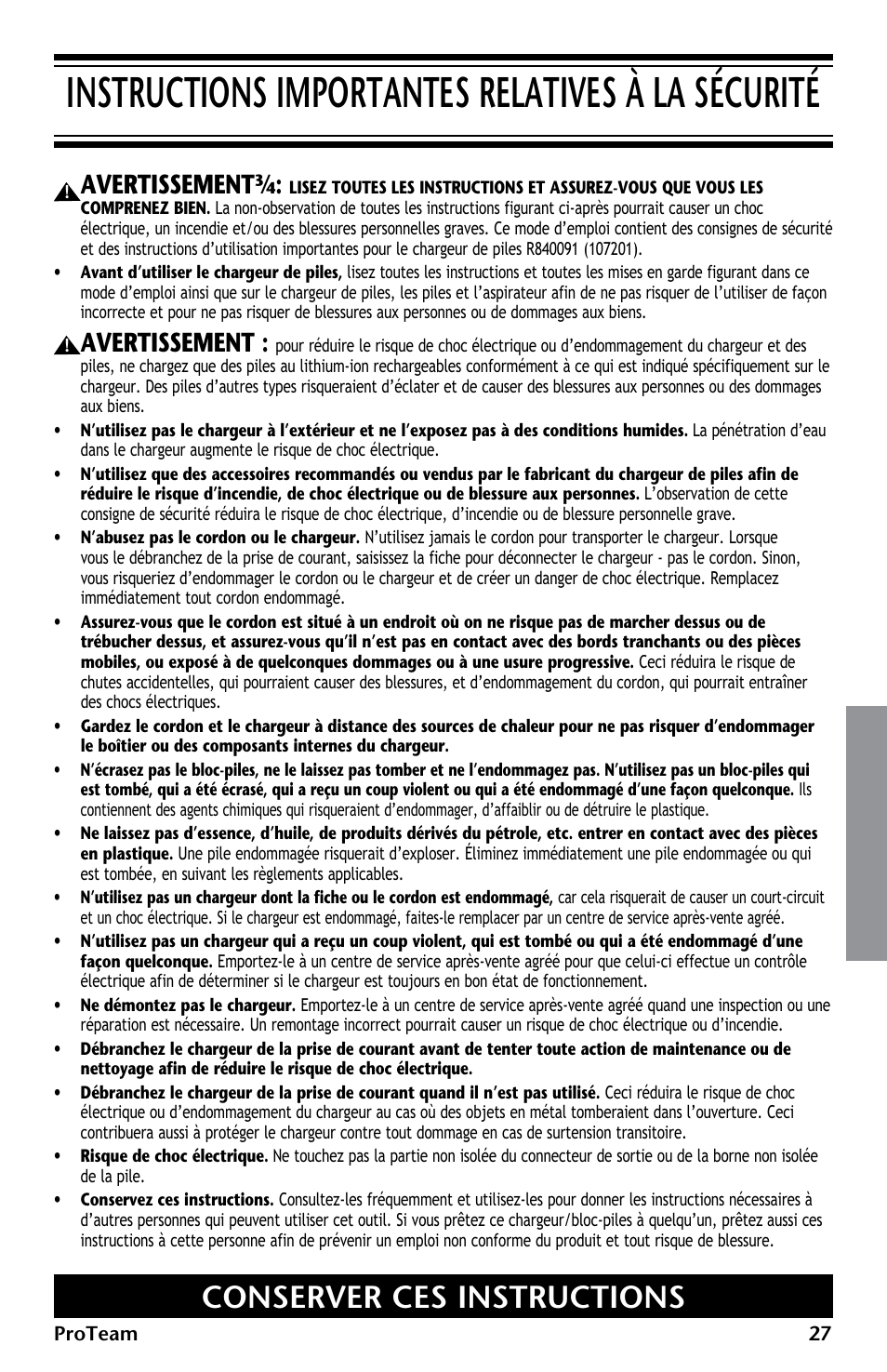 Instructions importantes relatives à la sécurité, Conserver ces instructions, Avertissement | ProTeam ProGuard LI 3 Battery Charger User Manual | Page 27 / 36
