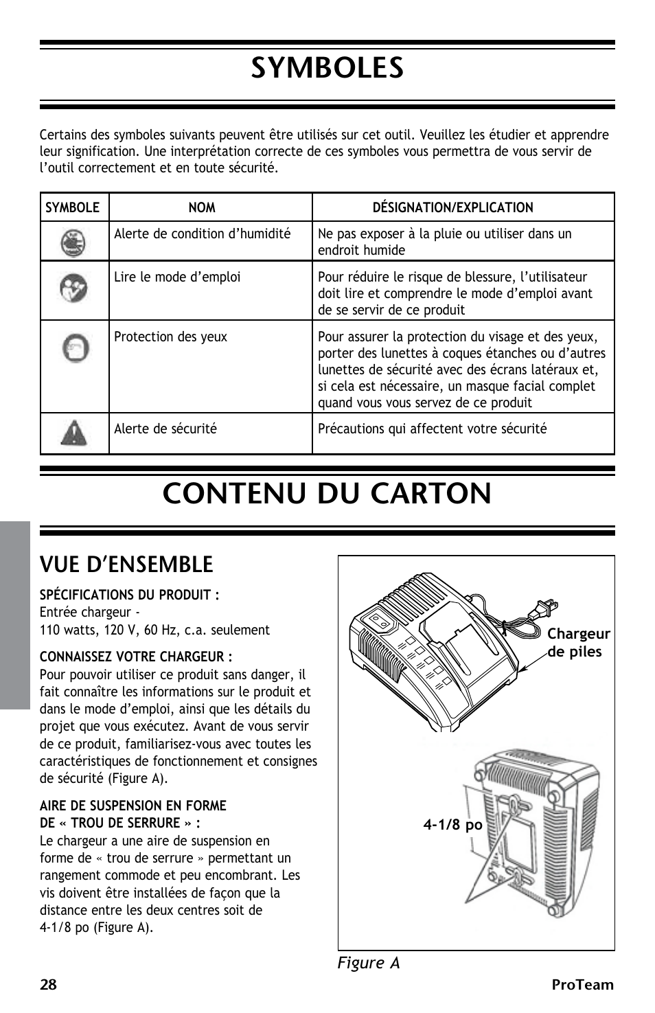 Symboles, Contenu du carton, Vue d’ensemble | ProTeam ProGuard LI 3 Battery Charger User Manual | Page 28 / 36