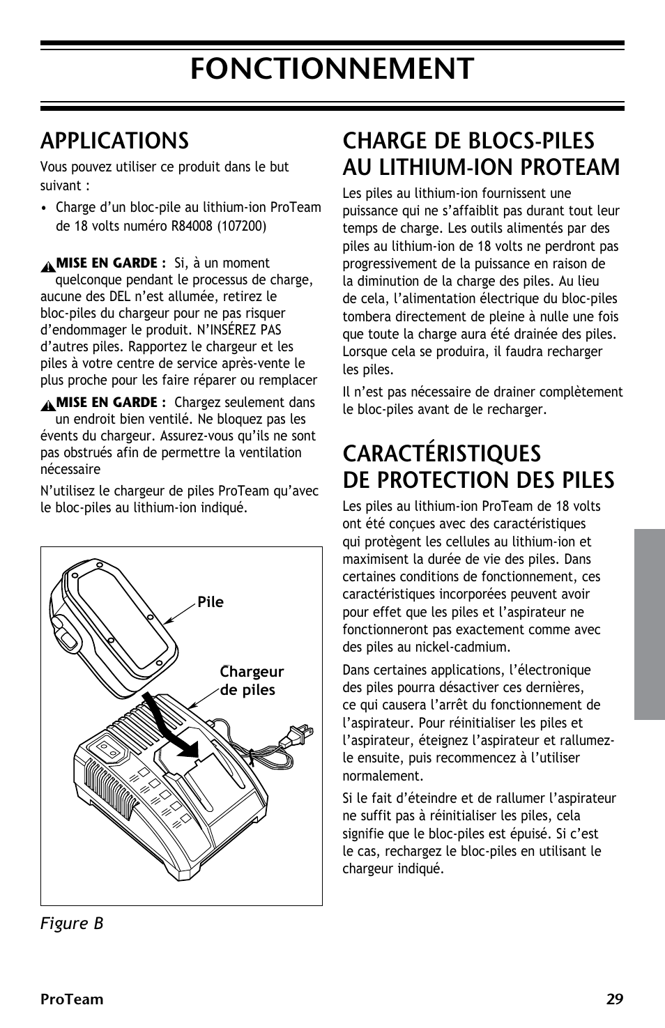 Fonctionnement, Applications, Charge de blocs-piles au lithium-ion proteam | Caractéristiques de protection des piles | ProTeam ProGuard LI 3 Battery Charger User Manual | Page 29 / 36