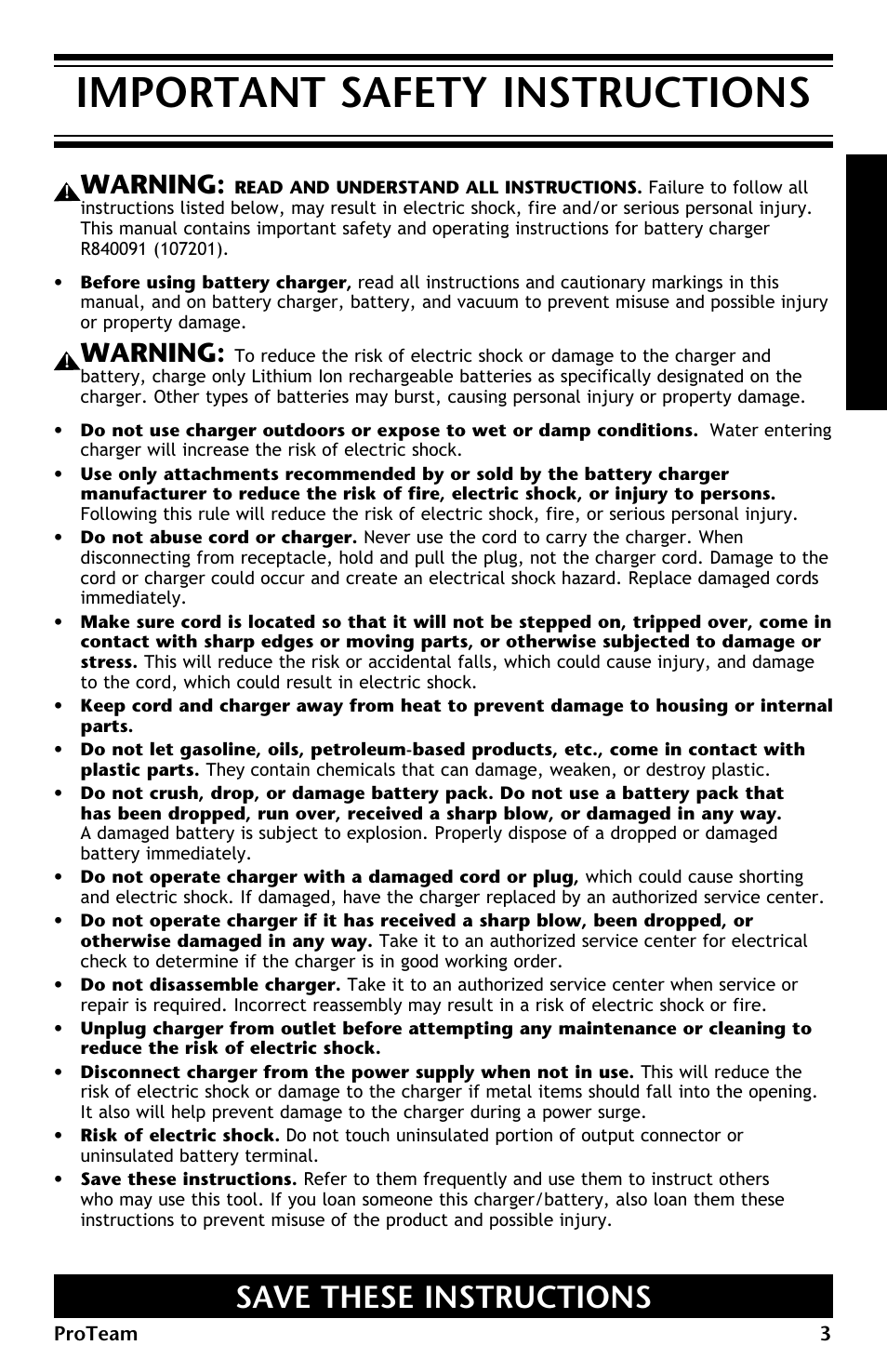 Important safety instructions, Save these instructions, Warning | ProTeam ProGuard LI 3 Battery Charger User Manual | Page 3 / 36